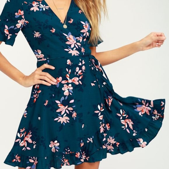 Lulus Dalton Teal Blue Floral Print Ruffled Wrap Dress - Size M - Picture 1 of 3